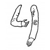 Right arm at "present arms", left hanging