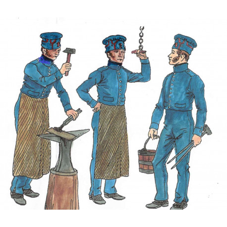 3 ouvriers d'artillerie 1804-812 en tenue de travail